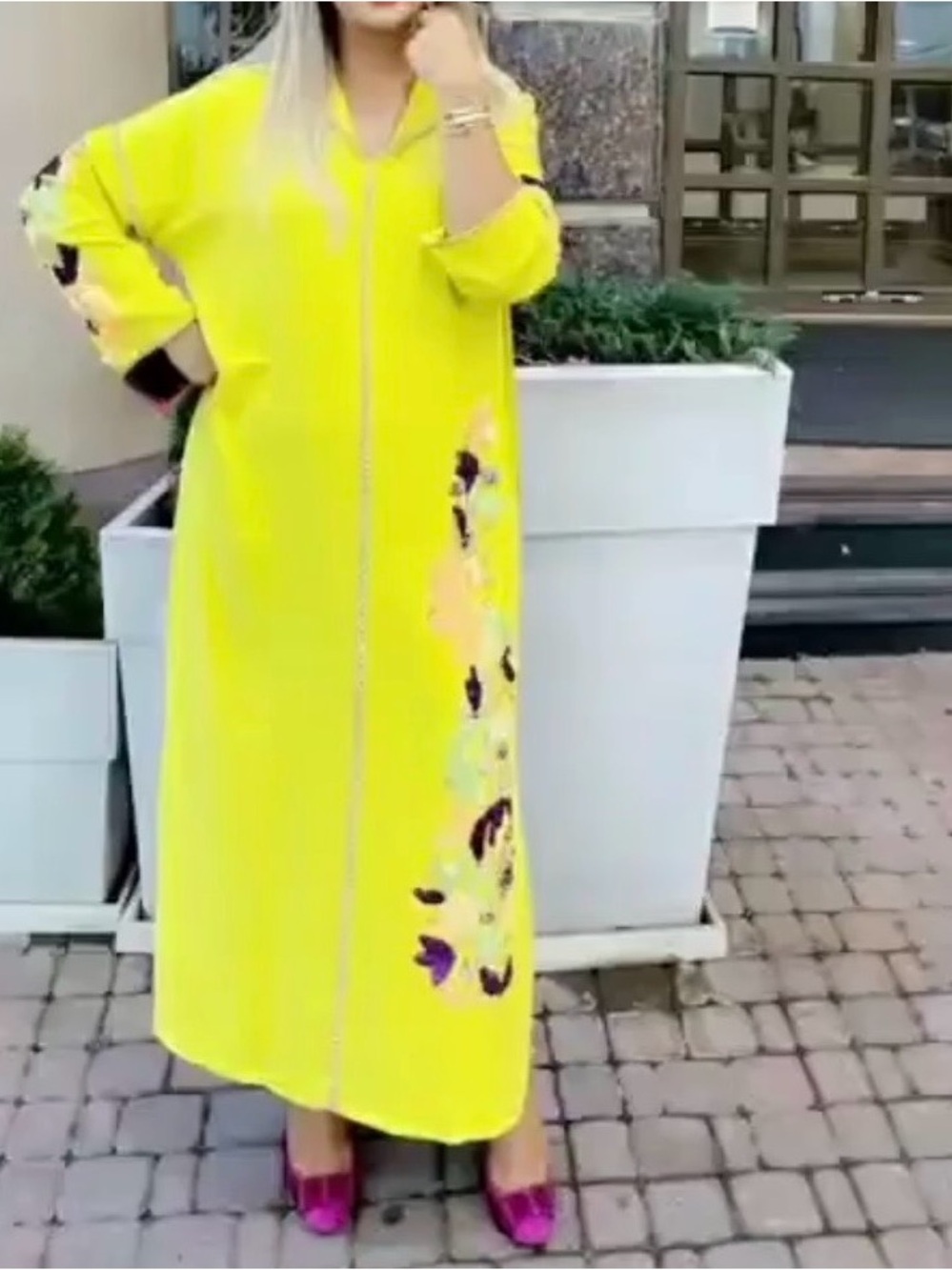 Bright Yellow Floral-Accent Women's Dress